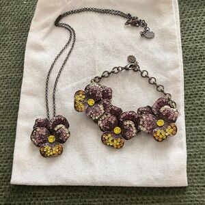 Vintage  Purple Orange and Yellow Pansy Crystal Necklace and Bracelet Set